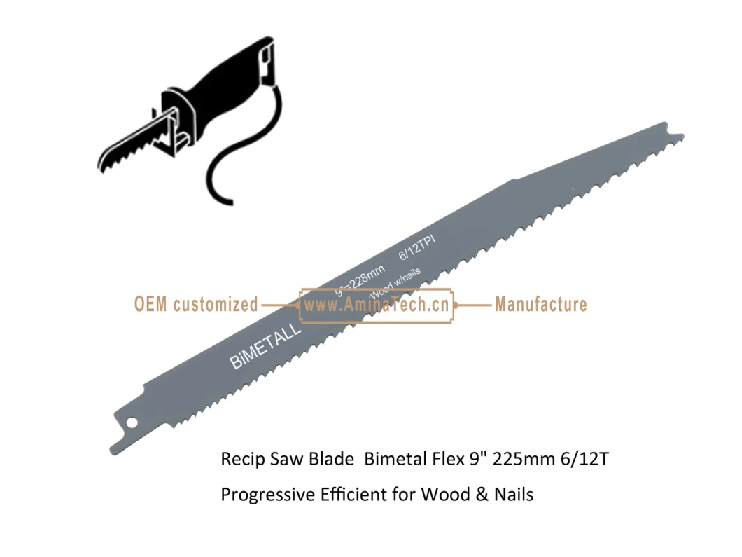 Recip Saw Blade Bimetal M42 8% cobalt Demolition for Cutting Wood & Nails Size:9" 225mm6/12T