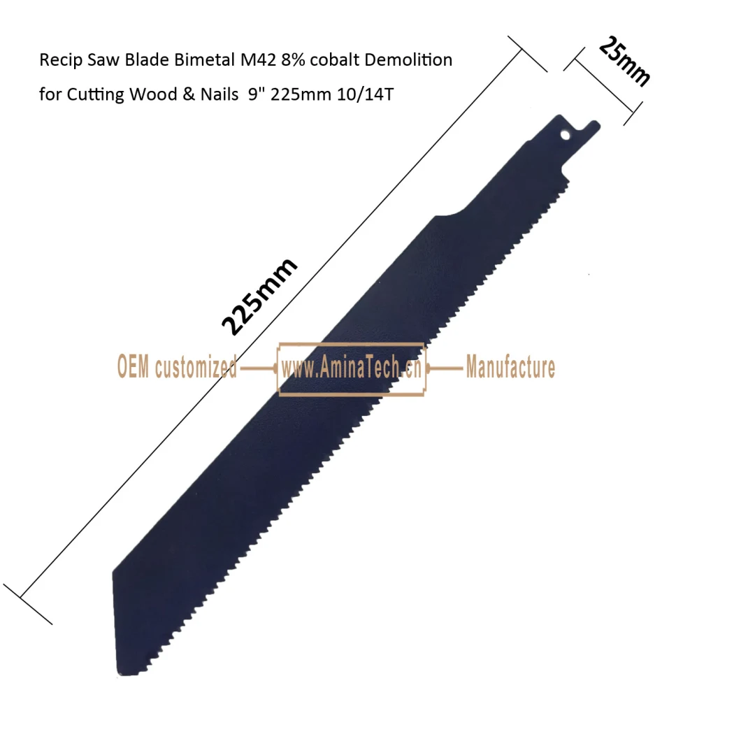 Recip Saw Blade Bimetal M42 8% cobalt Demolition for Cutting Wood & Nails 9" 225mm 10/14T